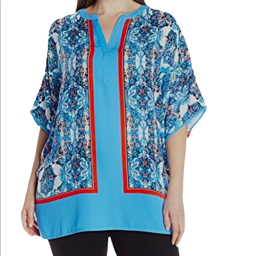 (Size 1X, 2X) Rafaella Blue Printed Slit Neck Top